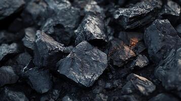 Close-up of pile of mined coal with visible textures, forms, shapes, and tonal values, with highlights from light reflections. photo