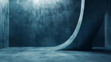 Abstract architectural space. Monochromatic blue textured walls and floor. Modern design with curved structural element. photo