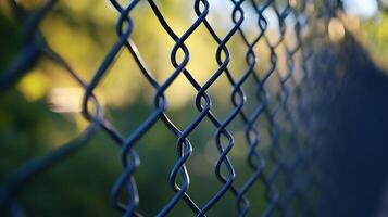 A close-up shot of a wire chain link fence with a blurred green and yellow background. A security barrier for a yard or field. photo