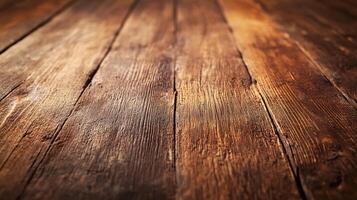 Rich, warm brown wood floor with deep grain and color variations, creating a rustic and inviting surface. Focus is a shallow depth of field. photo
