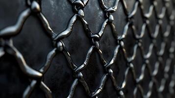 Close-up of a dark metallic net with silver strands creating diamond shapes, offering a rugged, industrial, and textural visual. photo