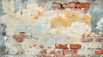 Weathered brick wall with peeling paint. The texture creates a great rustic backdrop with a warm, inviting feel, perfect for a rustic look. photo