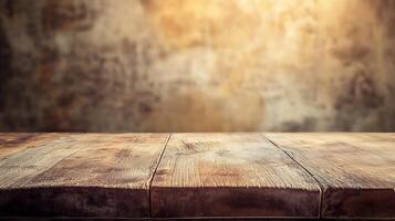 Rustic wooden planks create an inviting atmosphere, perfect for displays or culinary presentations, set against a blurred earthy backdrop. photo