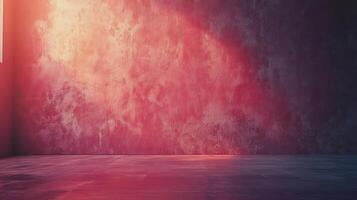 Empty room with a textured wall in shades of red and purple, illuminated by a soft light, creating a moody and artistic atmosphere. photo