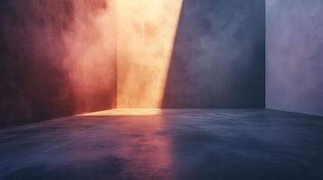 An empty room filled with dramatic light and shadow, showing off the textures on the walls and the unique aesthetic of the setting. photo