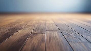 A close-up perspective showcases the natural beauty of a wood floor with its distinct grain patterns, knots and color variations. photo