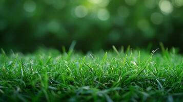 Lush green grass, with blurred bokeh background, creates a soothing natural environment. Perfect as a backdrop for a garden scene. photo