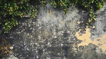 Old wall texture partially covered in creeping vegetation and peeling paint, creating a blend of natural and man-made elements. photo