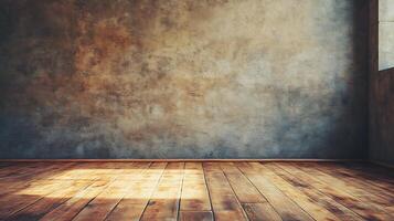 Rustic charm radiates from this room, where aged wooden floors meet a textured wall, casting warm shadows and inviting contemplation. photo