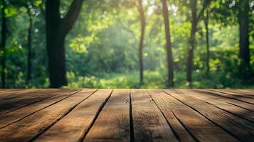 A rustic wooden deck extends into a serene forest, blending nature's tranquility with human craftsmanship. Sunlight filters through the trees. photo