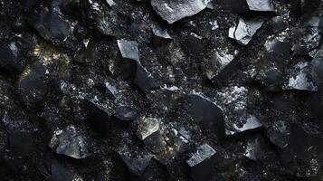 Abstract texture of shiny black obsidian shards with glints of light revealing depth and jagged edges, creating a striking visual. photo