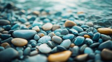 Smooth, colorful pebbles glisten along the water's edge, creating a tranquil beach scene with serene, natural beauty. Ideal background photo