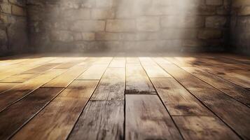 Interior space featuring a worn wooden floor and a rugged stone wall bathed in soft, directional lighting, creating a moody and inviting atmosphere. photo