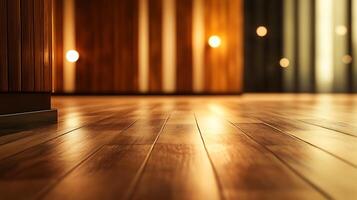 Warm Wood Interiors A low-angle shot highlights the rich tones of hardwood floors and decorative wood panels with soft, diffused lighting. photo
