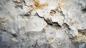 Heavily damaged wall with cracks and peeling paint in a close-up view, displaying aged texture and deterioration of the surface. photo