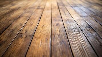 A close-up view of a wooden floor with warm brown tones and distinct wood grain patterns, creating a rustic and textured surface. photo