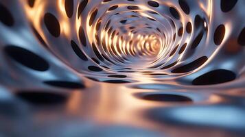 Abstract metallic tunnel with smooth curves and circular openings, lit with a warm glow, creating depth and perspective. photo