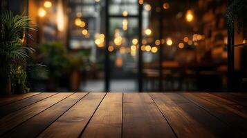 Rustic wood table in a cozy cafe setting, illuminated by warm ambient lighting, inviting ambiance for dining and gathering with friends photo