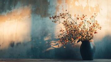 A serene still life showcasing delicate blossoms in a rustic vase, bathed in the soft glow of ambient light against an textured backdrop. photo