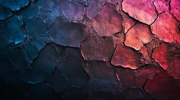 Abstract geological texture a patchwork of cracked terrain, transitioning through cool blues and vibrant reds with a weathered aesthetic. photo