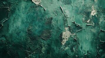 Dramatic texture shows a dark teal painted wall with areas of peeling and crumbling in a decaying urban environment. Abstract design. photo