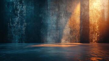 Dramatic lighting on a textured wall creates a captivating contrast between blue and orange hues in an empty, moody room setting. photo