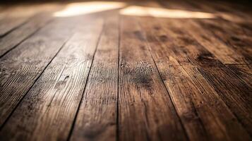 Rustic wood floor with a rich, warm tone. The texture is pronounced, and it has been worn over time, adding to its character. photo