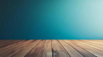 Wooden planks floor against a teal gradient backdrop create a versatile setting for product showcases or digital compositions. Clean lines and textures. photo