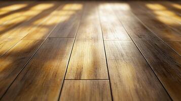Warm, inviting floor with beautiful wooden planks. Sunlight casts soft shadows, enhancing the natural grain, and adding warmth to the scene. photo