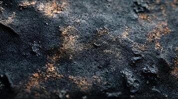 Textured black surface with mineral flecks Close-up of rough, dark material with subtle gold and brown inclusions Abstract surface detail. photo