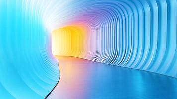 Abstract tunnel with rounded elements, shifting from cool blue to warm yellow tones, creates a sense of forward movement and depth. photo