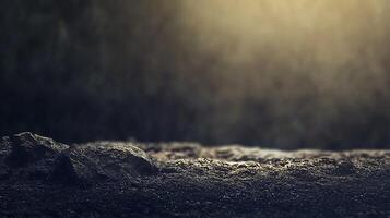 Atmospheric landscape with textured foreground, reminiscent of lunar or desolate terrain, bathed in muted light. Mysterious and otherworldly. photo