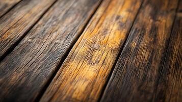 Close-up showcases textured planks of aged wood, highlighting grain and natural imperfections that create a unique and rustic surface. photo
