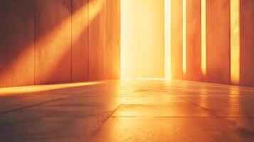 A corridor bathed in warm light, illuminating the floor and walls with a vibrant glow, inviting exploration and evoking serenity. photo