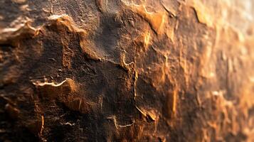 Close-up of a textured surface with a weathered appearance, showcasing deep crevices and highlights, evocative of age and natural patterns. photo