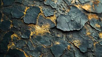 Macro shot of dark, textured surface with flakes and hints of metallic gold color. Rich in detail, creating an abstract effect. photo