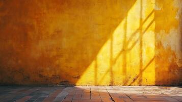 A sunlit yellow wall contrasts with a rustic brick floor, creating a warm and inviting ambiance, with window shade enhancing the scene. photo