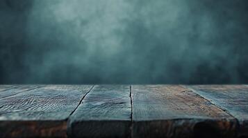 Rustic wooden surface against blurred blue background. Texture of old boards creates vintage and moody atmosphere. Excellent for design. photo