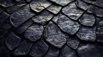 A close-up of overlapping, textured dark gray scales. The scales catch the light, creating highlights and shadows on their surfaces. photo
