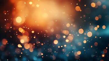 Abstract background with a warm orange glow merging into a cool, calming blue, speckled with soft, out-of-focus lights. photo