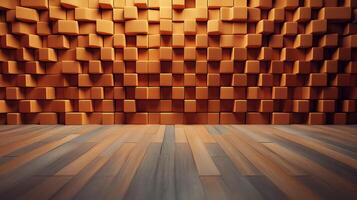 Abstract cube wall with warm tones and wooden floor. Architectural design for modern and geometric backdrop texture. Interior background. photo