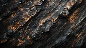 Textured surface featuring a dark, charred appearance with hints of gold, creating a rough and layered effect. Abstract. photo