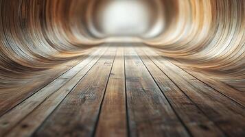 Abstract wooden tunnel perspective Warm brown planks curve into a soft, blurred light, creating a sense of depth and unique architectural design. photo