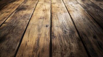 A close-up showcases rustic wooden planks, worn with time and etched with unique grain patterns, creating a warm, inviting surface. photo