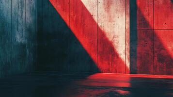 Concrete corner with intense red light slashing diagonally across the wall, contrasting with muted blue, creating dynamic visual drama. photo
