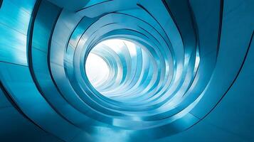 An abstract tunnel vision of blue architectural panels leading to a bright opening, creating a dynamic and modern design. photo