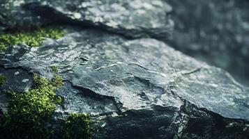 Close-up of rugged slate stone, adorned with vibrant green moss, showcasing nature's interplay of textures and colors on a weathered surface. photo