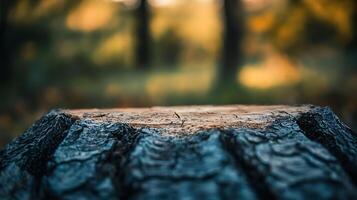Weathered stump in a forest setting, close-up shot emphasizing texture and natural patterns, ideal for rustic or nature-themed backgrounds photo