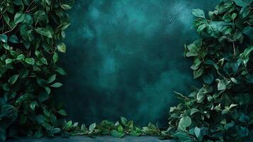 Lush Green Foliage Backdrop An artistic arrangement of vibrant foliage on a deep teal textured background, ideal for creative visuals. photo