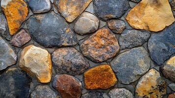 Rustic Stone Wall A tapestry of earthy tones and rugged textures, showcasing nature's artistry in a captivating display. Timeless rock design. photo